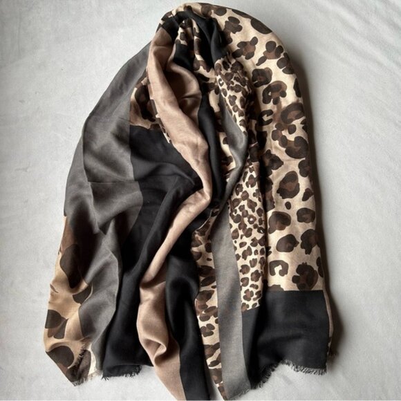 Animal Print Scarf ~ Brown Black Gray ~ Soft Fringe ~ Brand New - Picture 7 of 10